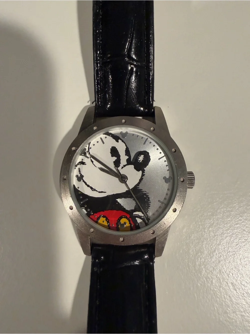 Black Leather Strap Mickey Mouse Watch- Black, Silver, Red